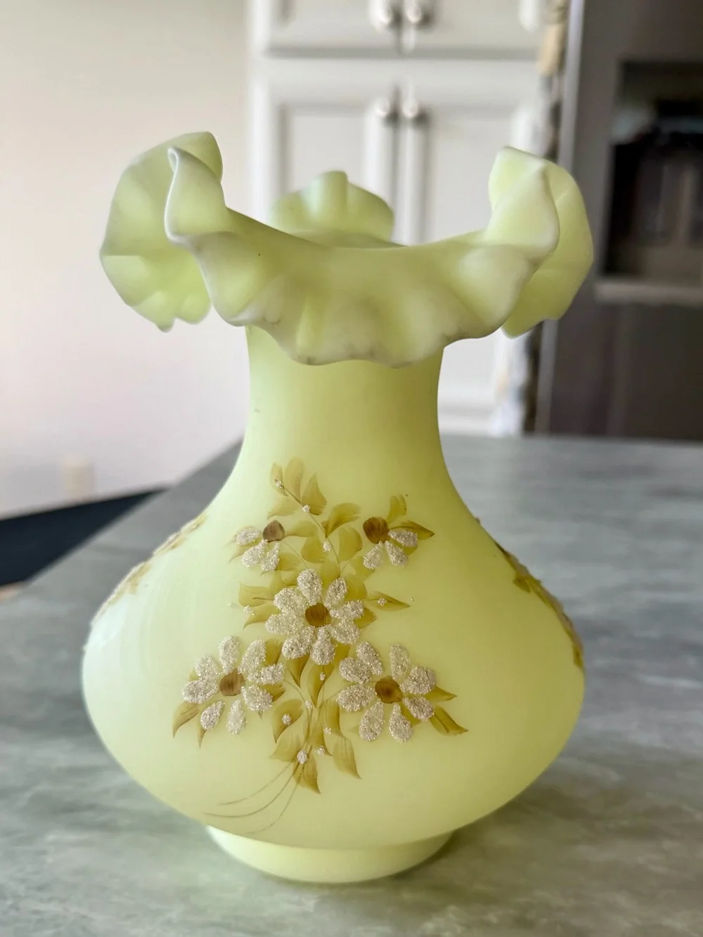 FENTON Yellow Satin Vaseline Custard Glass Vase Daisy Signed  C.Mackey 7